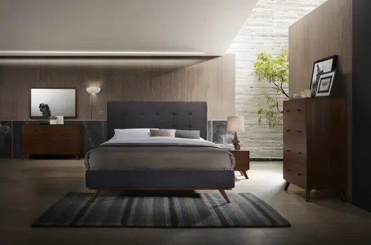 Gray and Brown Wood And Tufted Polyester King Bed Frame