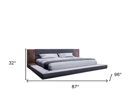 Gray and Walnut Wood And Upholstery Queen Bed Frame With Attached Nightstands
