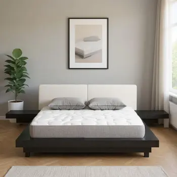 Black and White Solid Wood And Faux Leather Queen Bed Frame