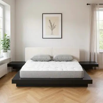 Black and White Solid Wood And Faux Leather Queen Bed Frame