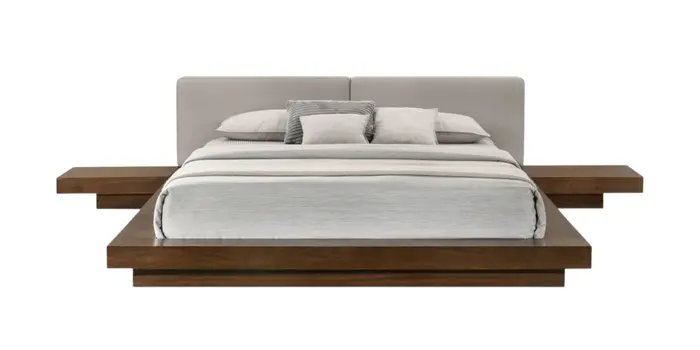 Gray and Walnut Wood And Faux Leather Queen Bed Frame With Attached Nightstands
