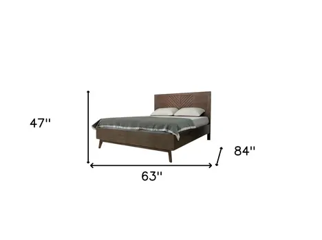 Brown Carved Geometric Solid Wood Queen Bed Frame
