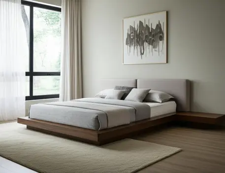 Gray and Walnut Wood And Faux Leather King Bed Frame With Attached Nightstands
