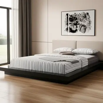 Black and Gray Wood And Faux Leather King Bed Frame With Attached Nightstands