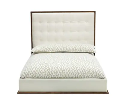 Brown and White Wood And Tufted Faux Leather Queen Bed Frame