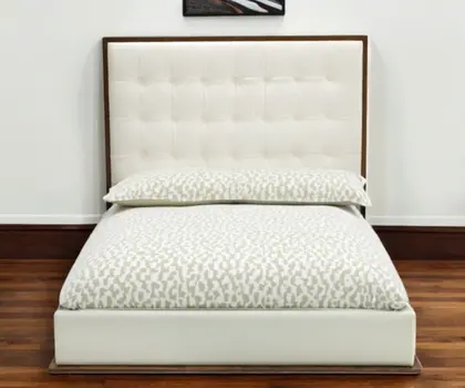 Brown and White Wood And Tufted Faux Leather Queen Bed Frame