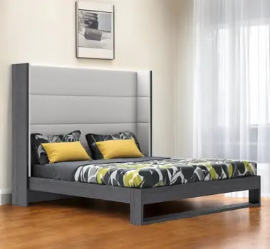 Gray and White Wood And Faux Leather King Bed Frame