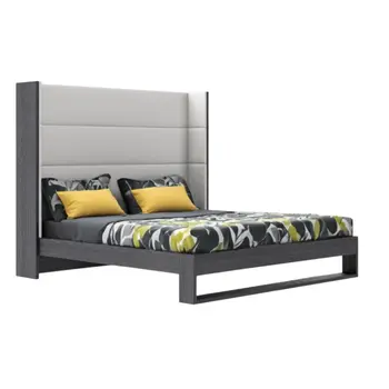 Gray and White Wood And Faux Leather King Bed Frame