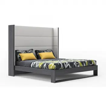 Gray and White Wood And Faux Leather King Bed Frame