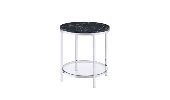 25" Chrome And Black Faux Marble And Metal Round End Table With Shelf