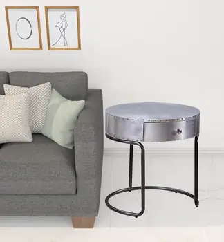 21" Aluminum And Manufactured Wood Round End Table With Drawer