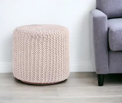 16" Ivory Cotton Blend Round Pouf Ottoman