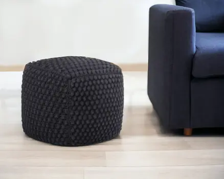 18" Black Cotton Blend Pouf Ottoman