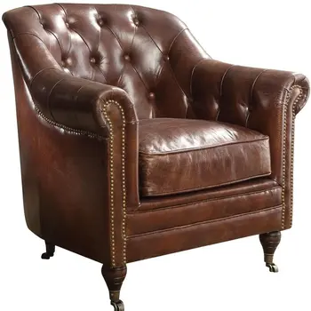 34" Brown Top Grain Leather Tufted Chesterfield Chair