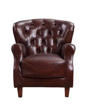 30" Brown and Steel Blue Top Grain Leather Tufted Club Chair