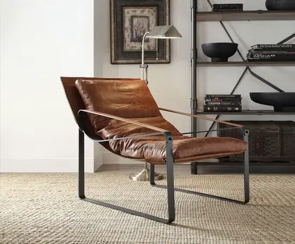 27" Chocolate and Steel Blue Top Grain Leather Lounge Chair