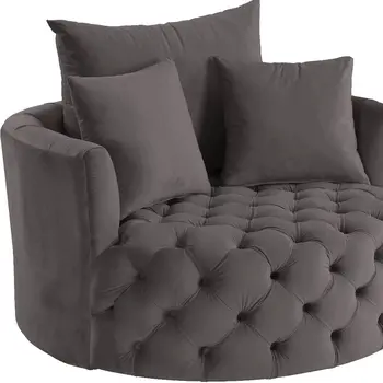 43" Gray Velvet Tufted Swivel Barrel Chair And Toss Pillows