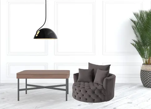 43" Gray Velvet Tufted Swivel Barrel Chair And Toss Pillows