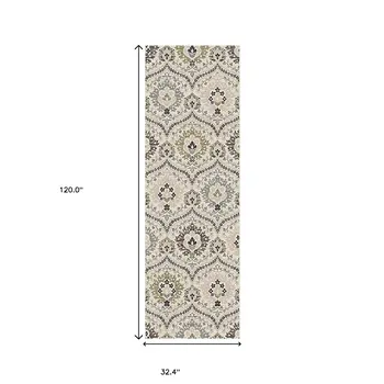 10' Black Ivory And Gray Floral Runner Rug