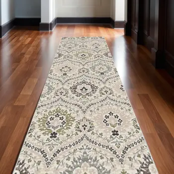 10' Black Ivory And Gray Floral Runner Rug