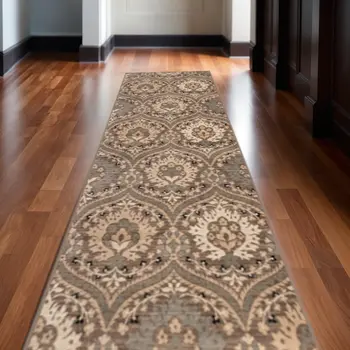 10' Ivory Beige And Light Blue Floral Stain Resistant Runner Rug
