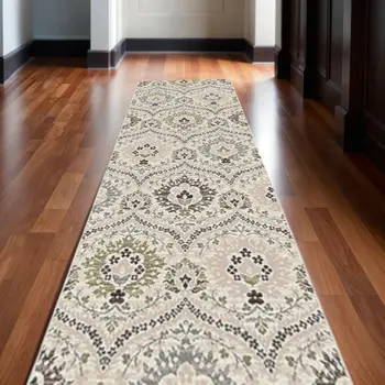 12' Ivory Gray And Olive Floral Stain Resistant Runner Rug
