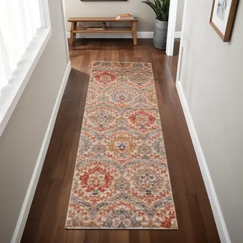 8' Ivory Orange And Gray Floral Stain Resistant Runner Rug