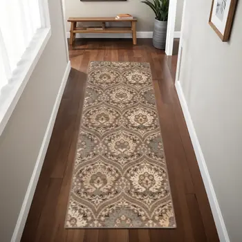 8' Ivory Beige And Light Blue Floral Stain Resistant Runner Rug