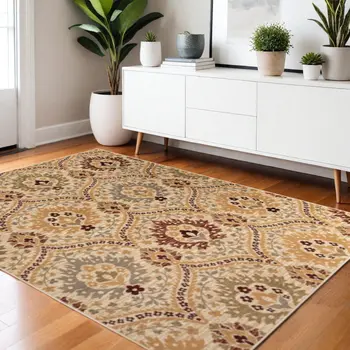 4' X 6' Camel Gray And Rust Floral Stain Resistant Area Rug