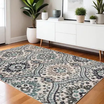 4' X 6' Ivory Blue And Gray Floral Stain Resistant Area Rug