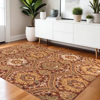 4' X 6' Red Gold And Olive Floral Stain Resistant Area Rug