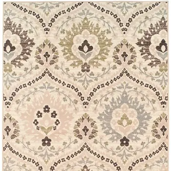 6' X 9' Ivory Gray And Olive Floral Stain Resistant Area Rug