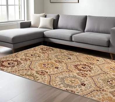 6' X 9' Camel Gray And Rust Floral Stain Resistant Area Rug