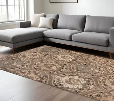 6' X 9' Ivory Beige And Light Blue Floral Stain Resistant Area Rug