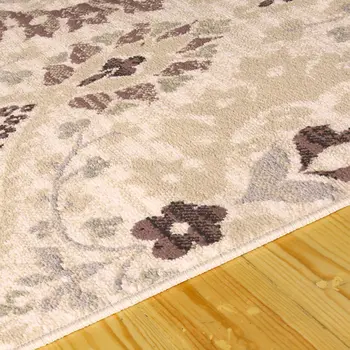 7' X 9' Ivory Gray And Olive Floral Stain Resistant Area Rug