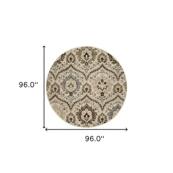8' Gray And Ivory Floral Round Rug