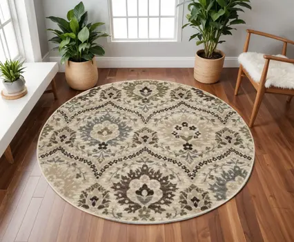 8' Gray And Ivory Floral Round Rug