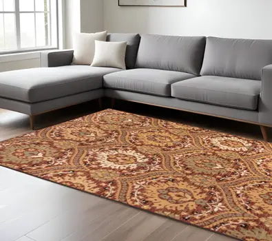8' X 10' Red Olive And Gold Floral Stain Resistant Area Rug