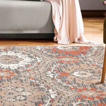 8' X 10' Rust Floral Stain Resistant Area Rug
