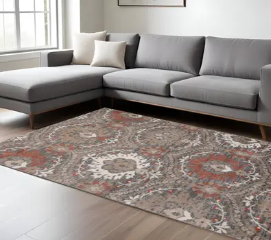 8' X 10' Rust Floral Stain Resistant Area Rug