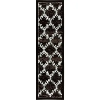 8' Black Geometric Stain Resistant Runner Rug