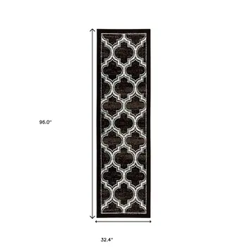 8' Black Geometric Stain Resistant Runner Rug
