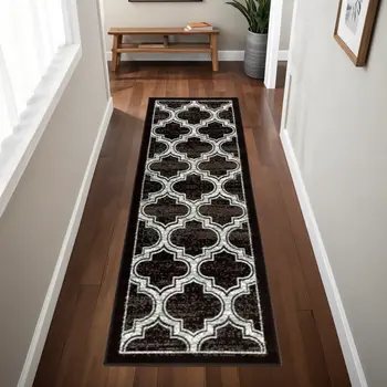 8' Black Geometric Stain Resistant Runner Rug