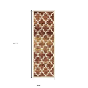 8' Brick And Gold Geometric Stain Resistant Runner Rug