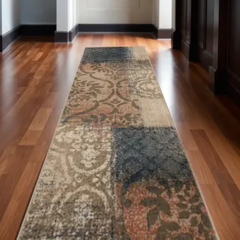 10' Navy And Salmon Damask Distressed Stain Resistant Runner Rug