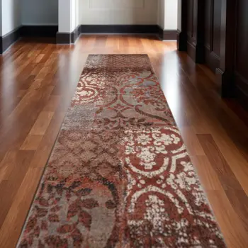 10' Rust And Gray Damask Distressed Stain Resistant Runner Rug