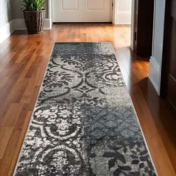 10' Teal And Gray Damask Distressed Stain Resistant Runner Rug