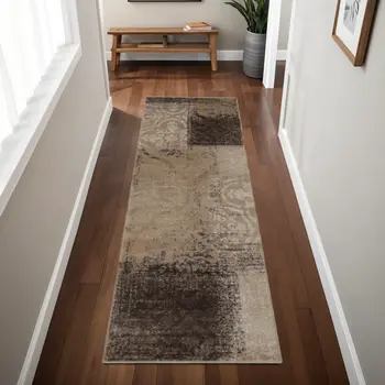 8' Beige Gray And Black Damask Distressed Stain Resistant Runner Rug