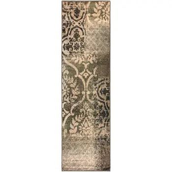 8' Ivory Light Blue Damask Distressed Stain Resistant Runner Rug