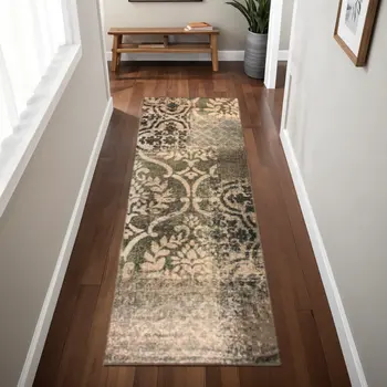 8' Ivory Light Blue Damask Distressed Stain Resistant Runner Rug